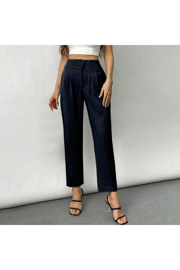 Women's Striped Print Business Pants Dressy Casual High Waisted Dress Pants Straight Leg Work Suit Pants