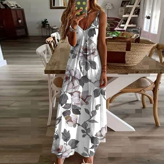 Abomasnow Women's Summer Bohemian Flowy Maxi Dresses Casual Loose Fit Spaghetti Strap Sleeveless Floral Printed V Neck Tank Dress Beach Vacation Sundress with Pockets