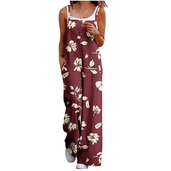 Abomasnow Women's Summer Boho Casual Jumpsuits Wide Leg Overalls Floral Print Baggy Rompers with Pockets