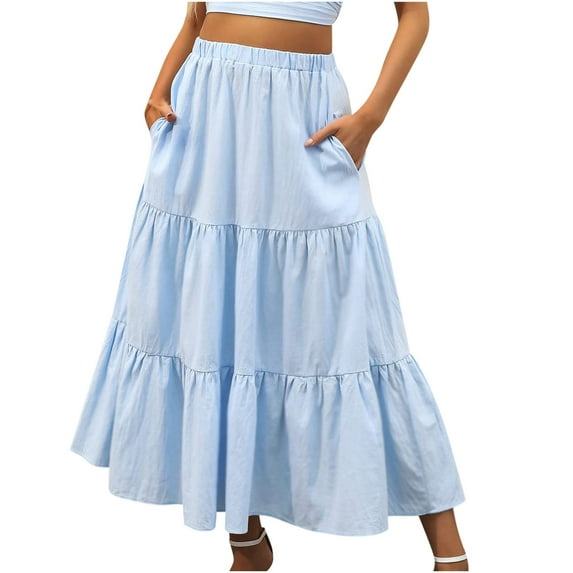 Abomasnow Women’s Summer Boho Flowy Swing Tiered A-Line Maxi Skirt 2025 Fashion Elastic Waist Pleated Vacation Beach Long Dress