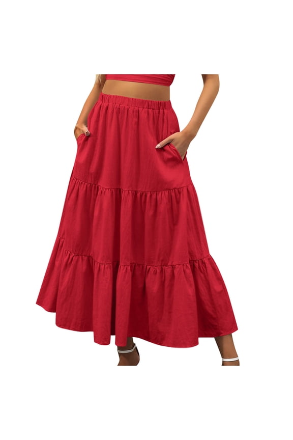Women’s Summer Boho Flowy Swing Tiered A-Line Maxi Skirt 2025 Fashion Elastic Waist Pleated Vacation Beach Long Dress