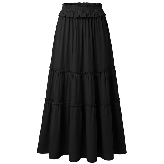 Abomasnow Women's Summer Boho Maxi Skirts Pleated Elastic Waist Drawstring A-Line Flowy Tiered Beach Dress Long Skirt with Pockets