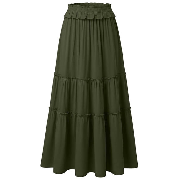 Abomasnow Women's Summer Boho Maxi Skirts Pleated Elastic Waist Drawstring A-Line Flowy Tiered Beach Dress Long Skirt with Pockets