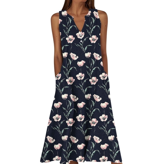Abomasnow Women's Summer Dresses Sleeveless V-Neck Flowery Printed Swing Tank Sundress Casual Soft Beach Vacation Pleated T-Shirt Long Dress