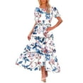 thumbnail image 1 of Abomasnow Women's Summer Maxi Dresses Short Sleeve Boho Floral Print Smocked Tie Back Tiered A-Line Flowy Cruise Vacation Dress, 1 of 7