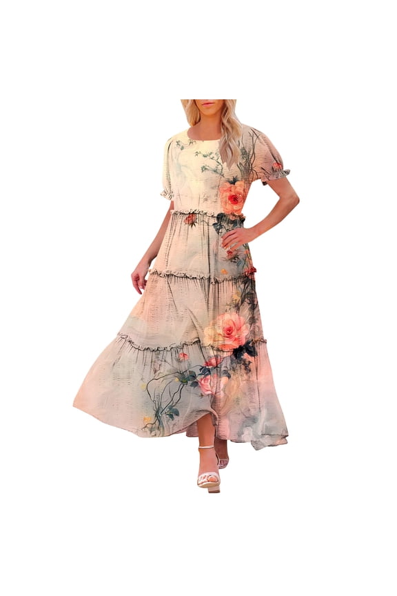 Women's Summer Maxi Dresses Short Sleeve Boho Floral Print Smocked Tie Back Tiered A-Line Flowy Cruise Vacation Dress