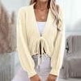 thumbnail image 1 of Abomasnow Women's Tie Front Crop Cardigan Sweater V-Neck Lantern Sleeve Open Front Loose Casual Knitwear, 1 of 7