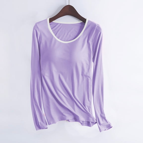 Abomasnow Women's Tops Casual Fall Cotton T Shirt with Built-in Bra Padded Active Tee Shirts Soft Long Sleeves Shelf Bra Comfy Athletic Lounge Shirts