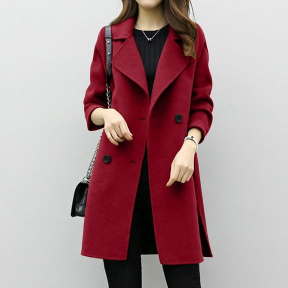 Abomasnow Women's Trench Coat Fall and Winter Fashion Elegant Lapel Collar Long Sleeve Coat Classic Double Breasted Mid-Length Coat with Side Pockets
