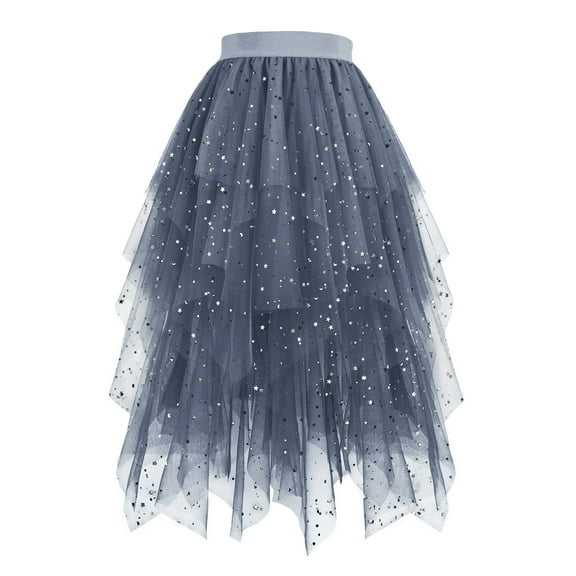 Abomasnow Women's Tulle Skirts High Low Layered Sequin Puffy Fairy Skirts Midi Length Irregular Glitter Tutu Skirt