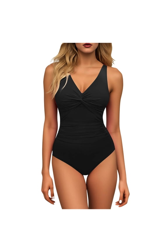 Women's Tummy Control Swimsuit One Piece Slimming Ruched Push Up Bathing Suit Vintage Padded Retro V Neck Swimwear