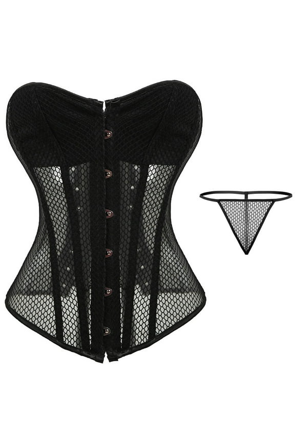 Women's Two Piece See Through Mesh Lingerie Set Trendy Boned Overbust Corset Top Bustier Bodyshaper Top with T-Back G-String on Clearance