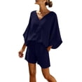 thumbnail image 1 of Abomasnow Women's Two Piece Sets Batwing Long Sleeve V-Neck Shirts Elastic High Waist Drawstring Short Pants Casual Summer Beach Vacation Lounge Sets with Pockets, 1 of 8