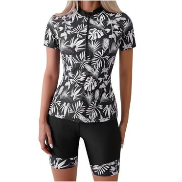 Abomasnow Women's Two-Piece Short Sleeve Half-Zipper Swimsuit, Sun Protection Rash Guard Wetsuit Bathing Suits with Boyshort Bottom for Water Sports on Sale Clearance 2024