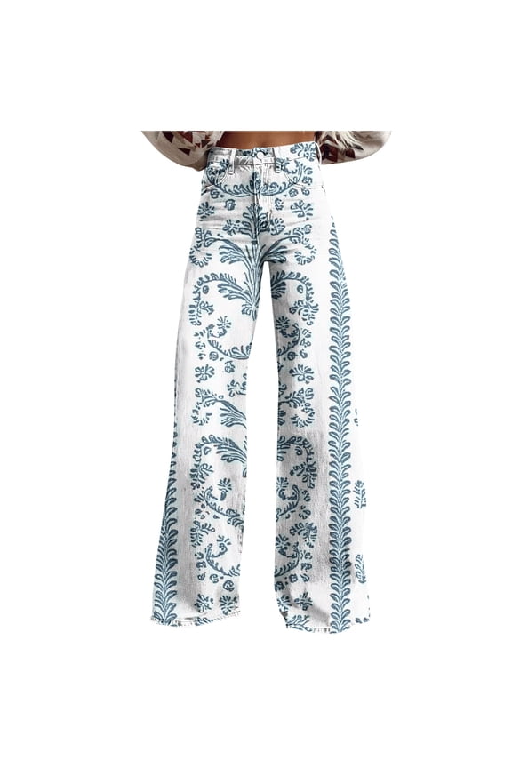 Women's Vintage Floral Print Jeans Low Rise Casual Wide Leg Baggy Denim Pants Colorful Y2k Wash Boyfriend Pants