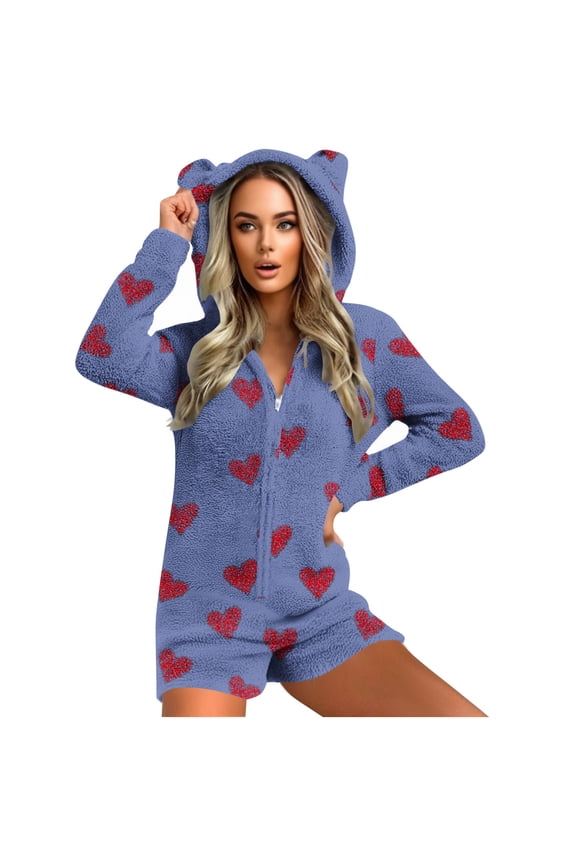 Women's Warm Fuzzy Hooded Romper Zipper Up Sherpa Pleece Lined Short Playsuit Jumpsuit S-2XL