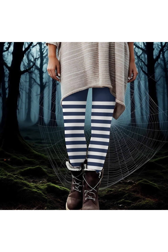 Women's Wide Horizontal Contrast Stripe Leggings High Waist Stretchy Opaque Hosiery Ankle Length Footless Tights