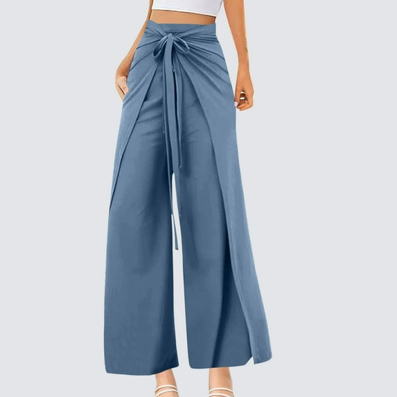 Abomasnow Women's Wide Leg Lounge Pants Lightweight High Waisted Adjustable Tie Flowy Trousers Wide Leg Wrap Palazzo Pants
