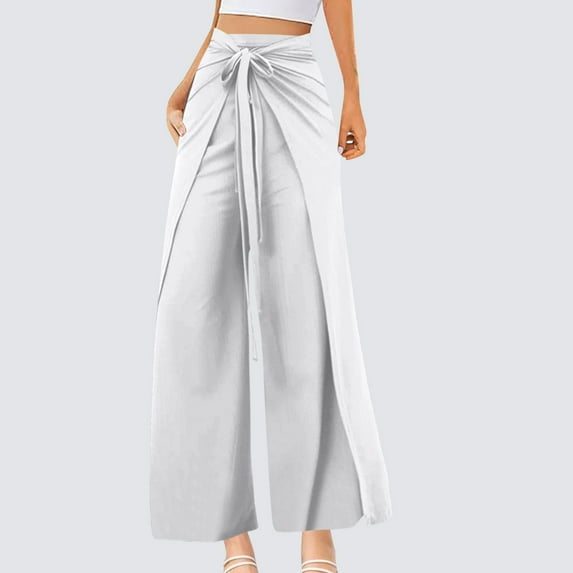 Abomasnow Women's Wide Leg Lounge Pants Lightweight High Waisted Adjustable Tie Flowy Trousers Wide Leg Wrap Palazzo Pants