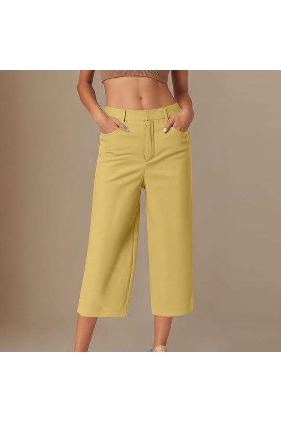 Women's Wide Leg Work Pants Business Casual Loose Straight Leg Capris High Waist Office Cropped Slacks with Pockets