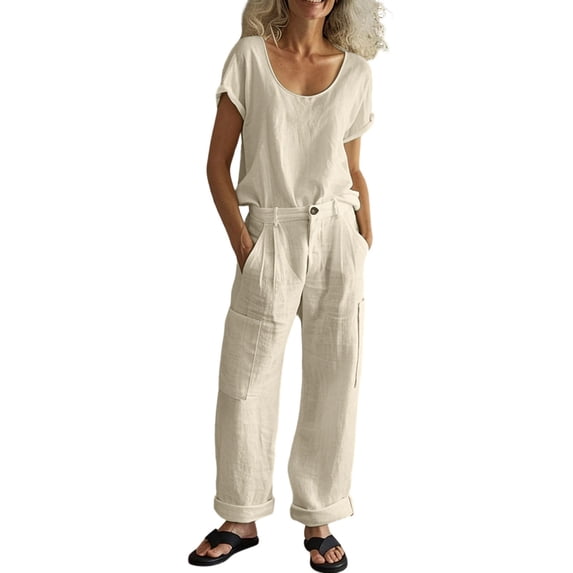 Abomasnow Womens 2 Piece Matching Set Short Sleeve Crew Neck Shirts High Waist Wide Leg Pants Casual Soft Workout Sweatsuits with Pockets
