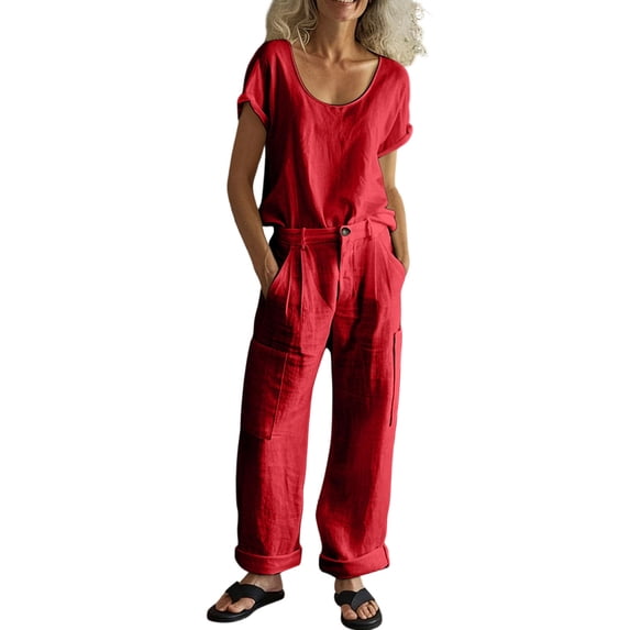 Abomasnow Womens 2 Piece Matching Set Short Sleeve Crew Neck Shirts High Waist Wide Leg Pants Casual Soft Workout Sweatsuits with Pockets