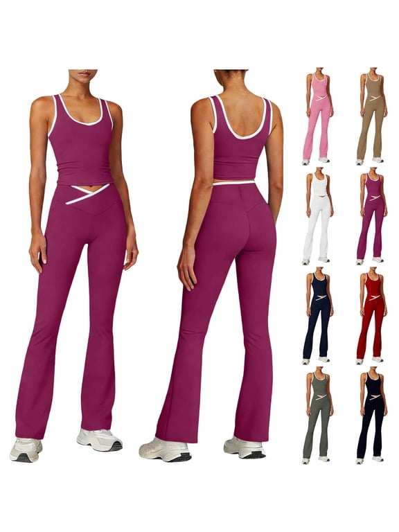 Womens 2 Piece Workout Matching Set Sleeveless Crewneck Cropped Tank Tops Crossover Flare Leggings Casual Colorblock Gym Yoga Athletic Set