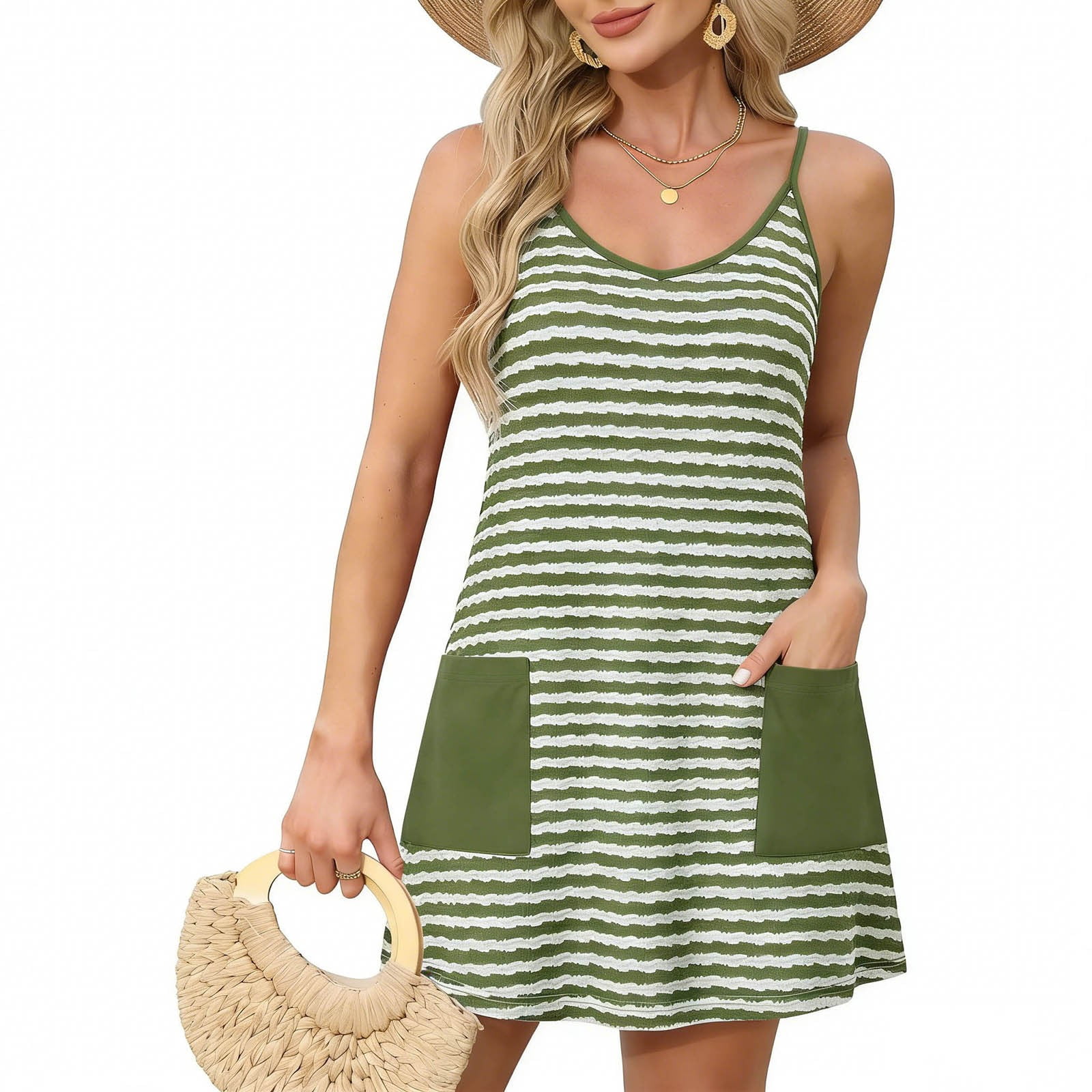 Abomasnow Womens Athletic Dress Spaghetti Strap Sleeveless V-Neck Striped Mini Dress Casual Summer Beach Vacation Dress with Pockets