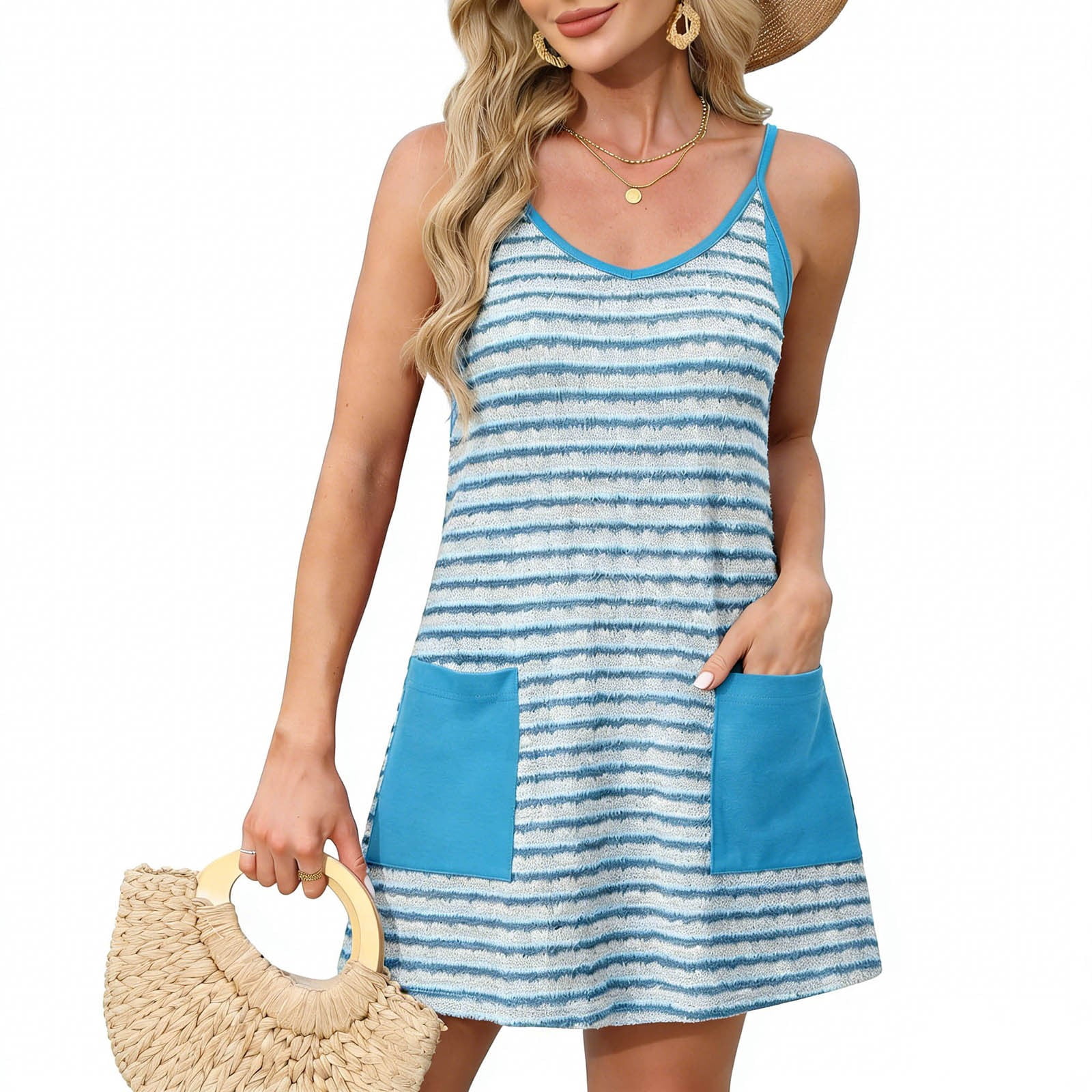 Abomasnow Womens Athletic Dress Spaghetti Strap Sleeveless V-Neck Striped Mini Dress Casual Summer Beach Vacation Dress with Pockets