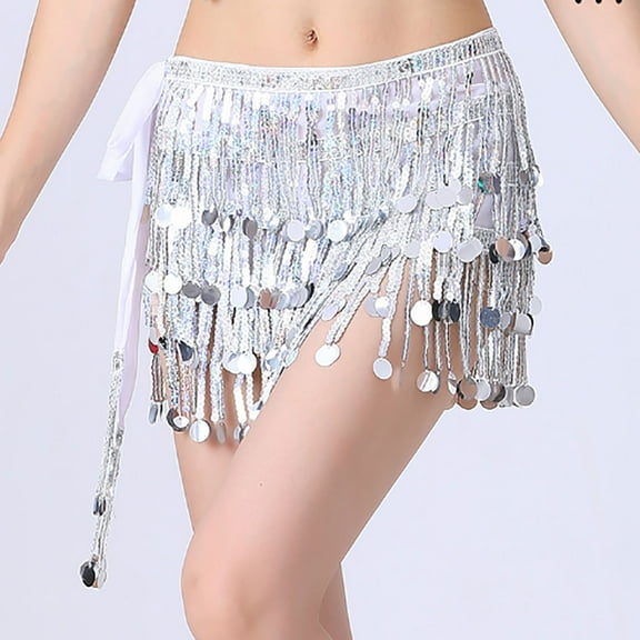 Abomasnow Womens Belly Dance Skirt Hip Scarf, Sweet Belly Dance Skirt Wrap Performance Bling Sequins Coins, Belly Dance Costume for Women