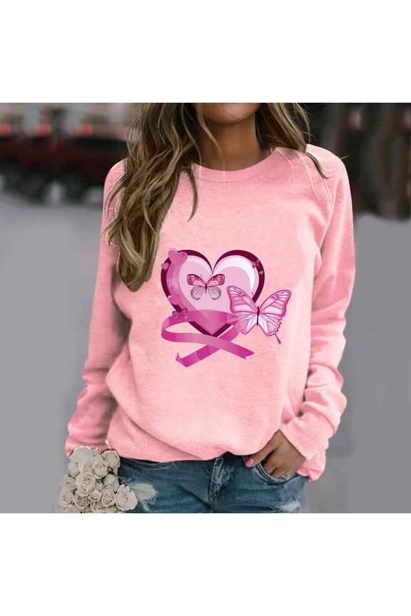 Womens Breast Cancer Pullover Tops Fall Heart Pink Ribbon Print Breast Cancer Awareness T-Shirts Casual Long Sleeve Crew Neck Sweatshirt