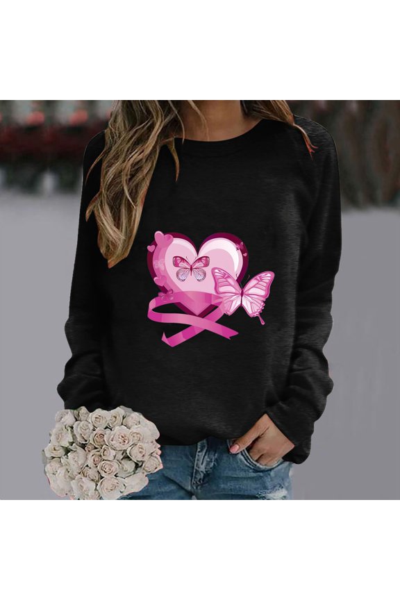 Womens Breast Cancer Pullover Tops Fall Heart Pink Ribbon Print Breast Cancer Awareness T-Shirts Casual Long Sleeve Crew Neck Sweatshirt
