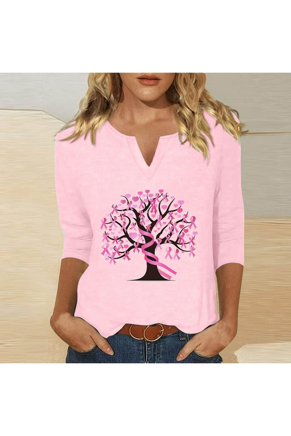 Womens Breast Cancer Shirts Casual Pink Ribbon Breast Cancer Awareness T-Shirts Trendy Fall 3/4 Sleeve V-Neck Tees for Breast Cancer Gifts