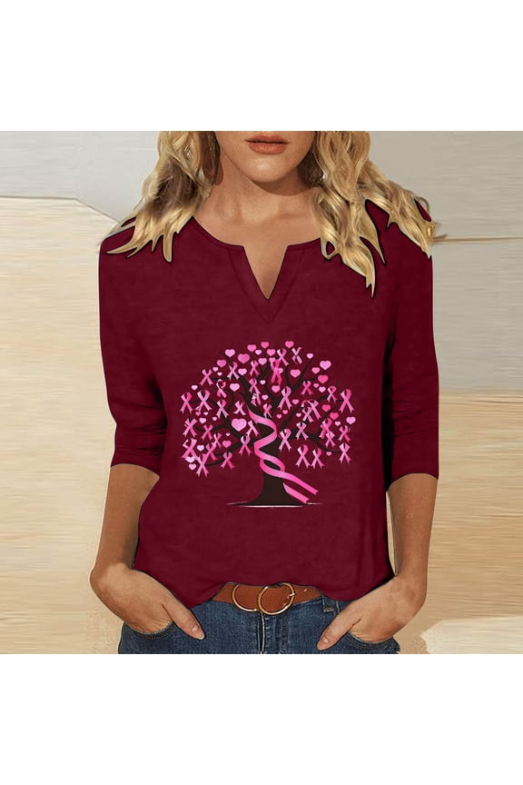Womens Breast Cancer Shirts Casual Pink Ribbon Breast Cancer Awareness T-Shirts Trendy Fall 3/4 Sleeve V-Neck Tees for Breast Cancer Gifts
