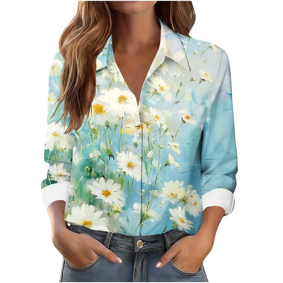 Abomasnow Womens Button Down Shirt Long Sleeve Blouse Dressy Casual Floral Printed Business Work Tops