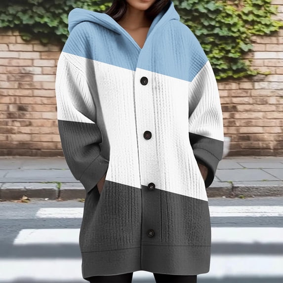 Abomasnow Womens Cardigan Sweaters Color Blocking Knitted Hooded Kimono Long Sleeve Button Open Front Coat Fall Fashion Outfits