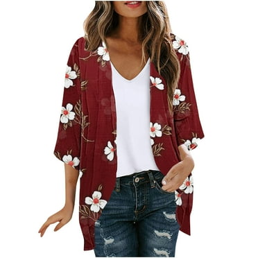 Abomasnow Womens Casual Lightweight Cardigans Open Front 3/4 Sleeve Floral Print Kimono Cardigans Summer Beach Cover Ups for Women on Clearance