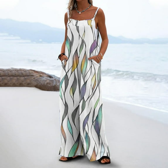 Abomasnow Womens Casual Sleeveless Jumpsuits Summer Boho Wide Leg Floral Rompers Overalls with Pockets