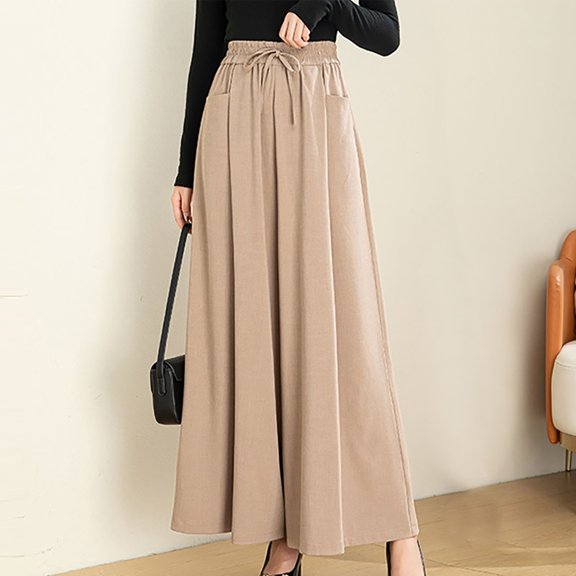 Abomasnow Womens Casual Wide Leg Pants Flowy Cotton Linen Elastic Drawstring High Waist Palazzo Pants Loose Fitting Dressy Trousers with Pockets