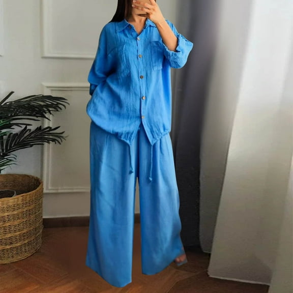 Abomasnow Womens Cotton Linen Set 2 Piece Outfits Casual Fall Button Down Shirts and Wide Leg Pants Loose Loungewear Matching Sets