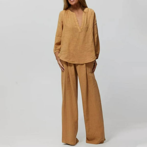 Abomasnow Womens Cotton Linen Set 2 Piece Outfits Casual Fall Lightweight Shirts and Wide Leg Pants Loose Loungewear Matching Sets