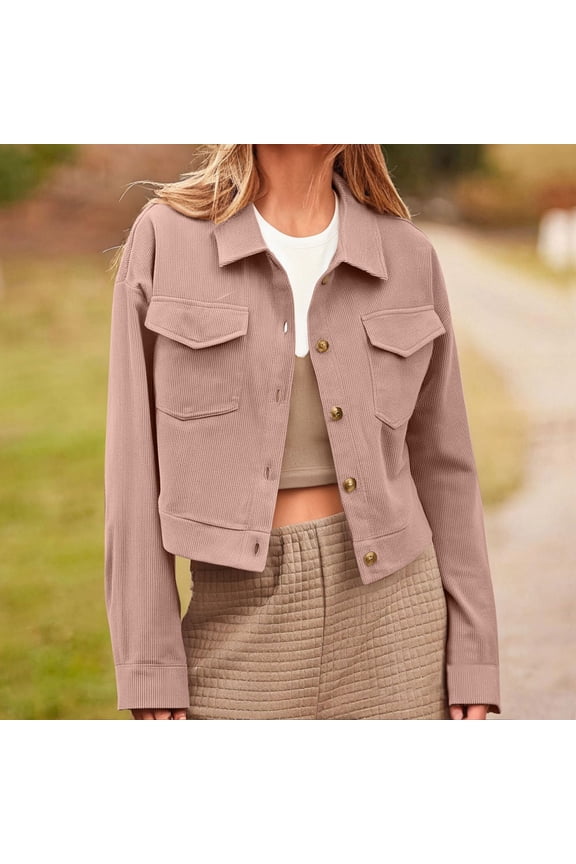 Womens Cropped Jackets Shackets Corduroy Button Down Shacket Tops Lightweight Long Sleeve Outerwear with Pockets