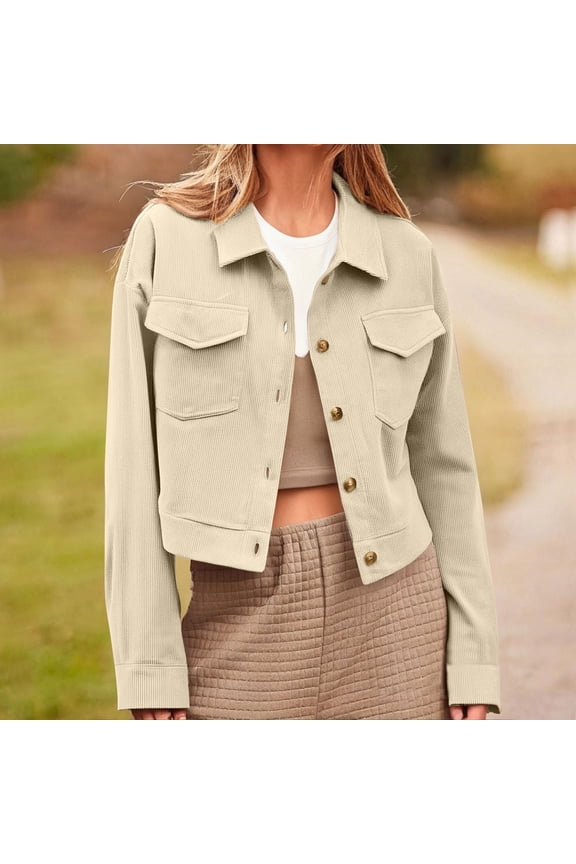 Womens Cropped Jackets Shackets Corduroy Button Down Shacket Tops Lightweight Long Sleeve Outerwear with Pockets