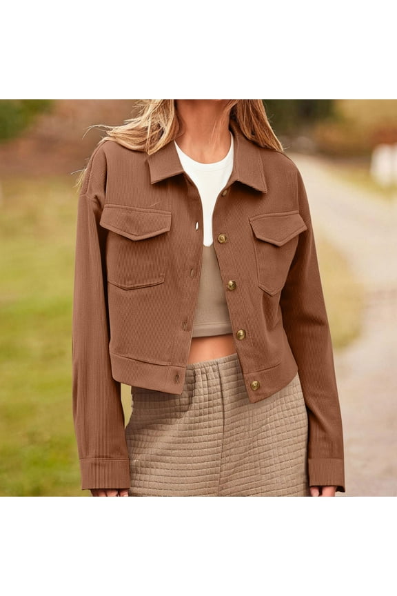 Womens Cropped Jackets Shackets Corduroy Button Down Shacket Tops Lightweight Long Sleeve Outerwear with Pockets