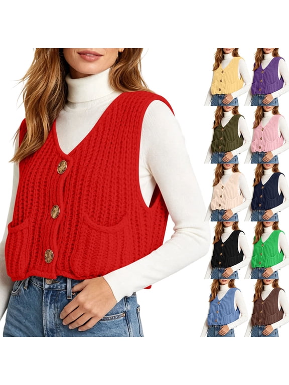Womens Cropped Sweater Vest Sleeveless Chunky Kint Cardigan Top Casual Warm Winter Button Down Crop Tops with Pockets