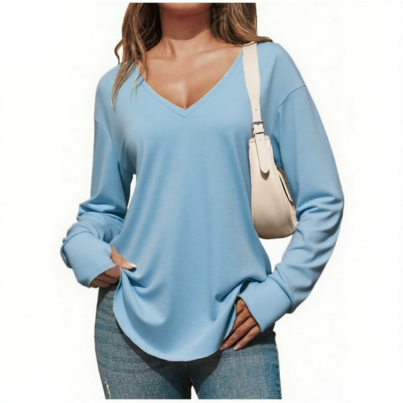 Abomasnow Womens Deep V Neck Tunic Tops Oversized Long Sleeve Cotton Pullover Tee Loose Fit Curved Hem T Shirts S-2XL