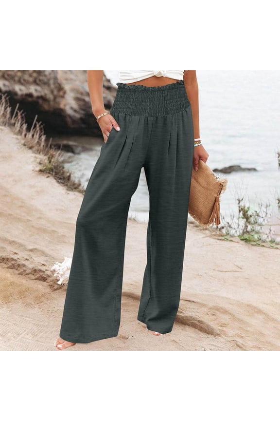 Womens Elastic High Waisted Palazzo Pants Casual Wide Leg Long Lounge Pant Trousers with Pockets