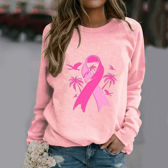 Abomasnow Womens Fall Winter Pink Ribbon Graphic Sweatshirt Casual Long Sleeve Crew Neck Breast Cancer Awareness Blouses