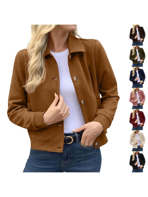 Womens Faux Suede Leather Jackets Button Down Long Sleeve Collared Cropped Coats Work Office Business Casual Dressy Vintage Streetwear Shackets with Pockets
