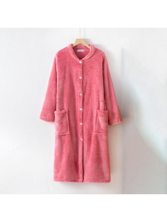 Womens Fleece Nightgowns Soft Comfy Button Down Long Robe Winter Thick Plush Warm Bathrobe Casual Loungewear with Pockets